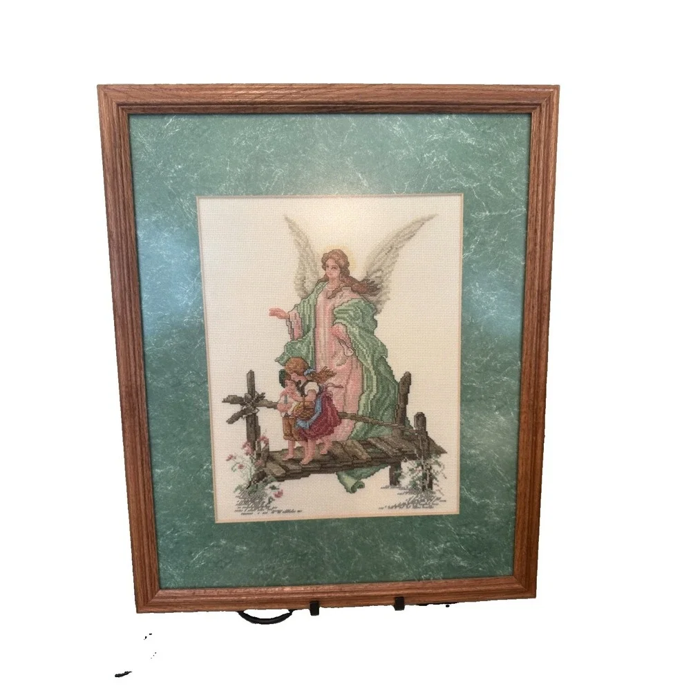 Vintage Guardian Angel Cross Stitch Framed Matted Leisure Arts Wall Hanging 21